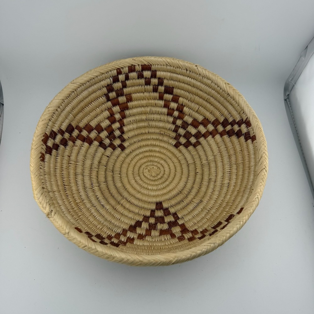 Coiled Woven Basket 9in Natural Brown Excellent Geometric Boho Tribal